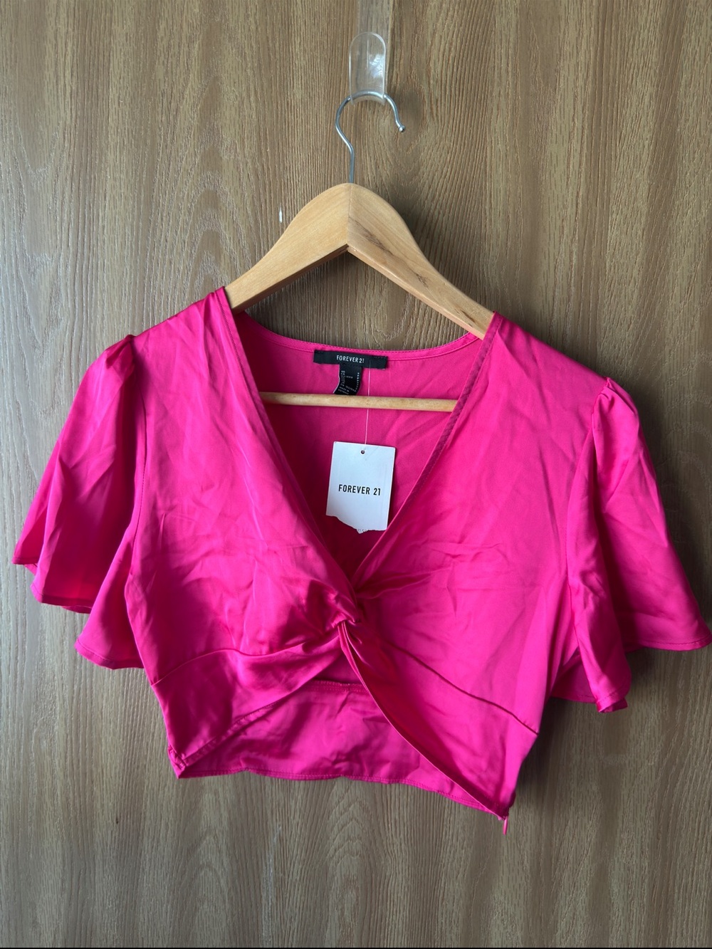 NWT Forever 21 Hot Pink Twist Front Satin Crop Top | Barbiecore